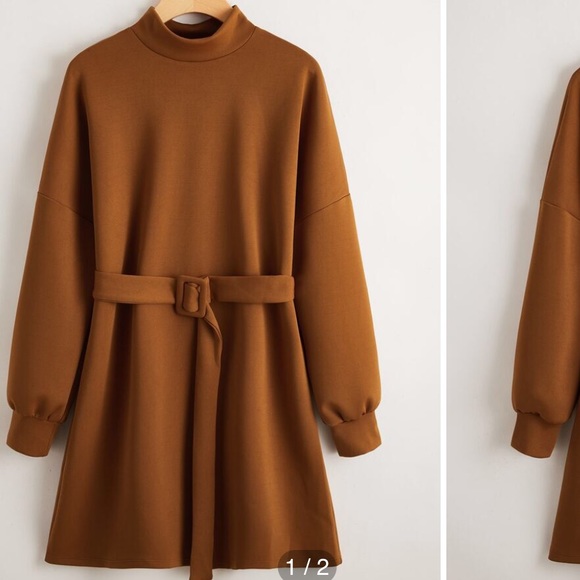 Mock-Neck Drop Shoulder Buckle Belted Dress - Picture 1 of 5